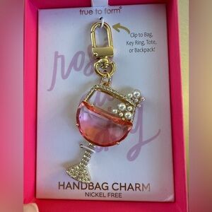 True to Form Pink Wine Glass Bag Charm Key Chain NIB Bling